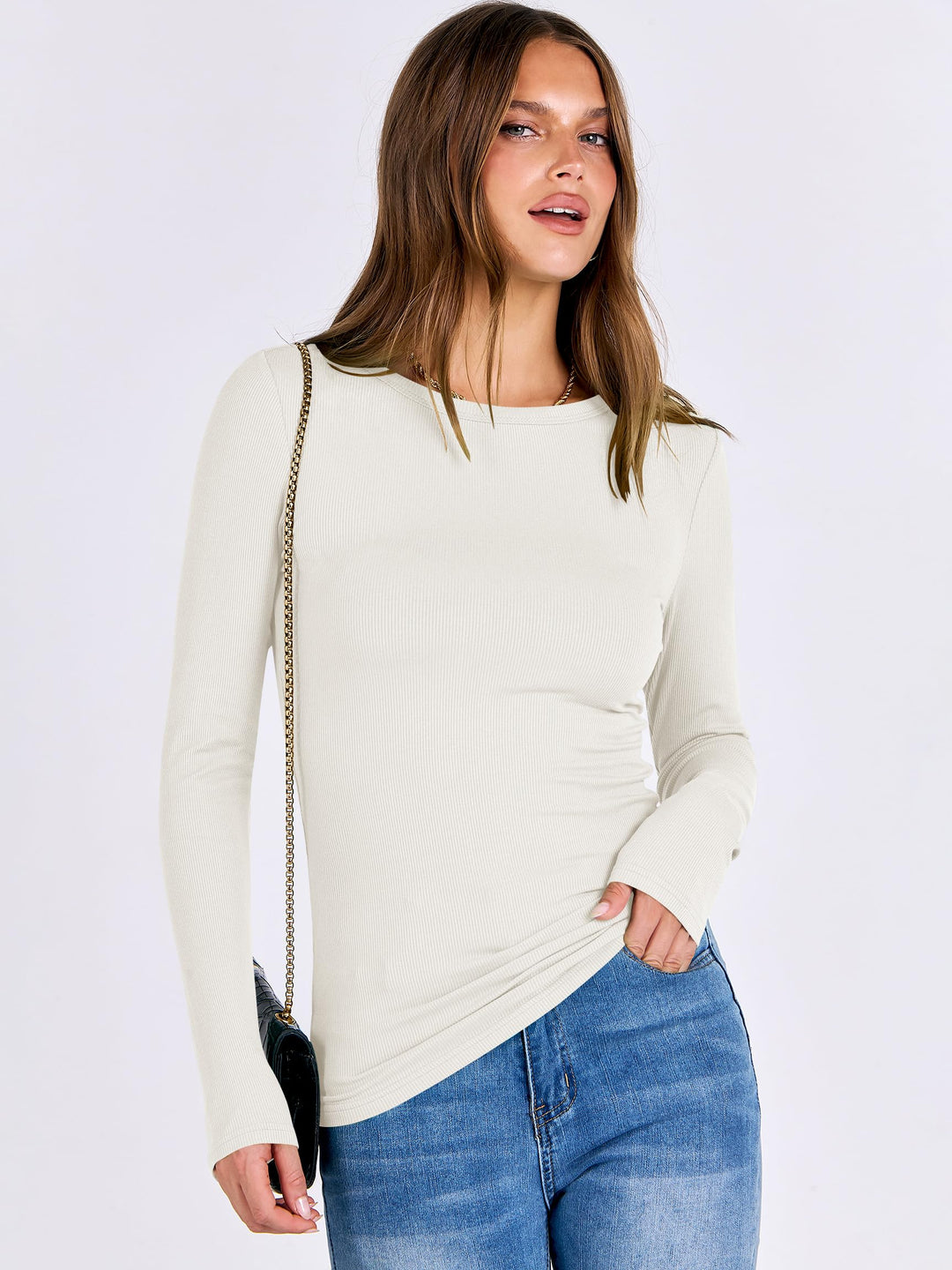 ANRABESS Long Sleeve Shirts for Women Ribbed Knit Slim Fit Basic Tops Crewneck Tees Spring Fall Casual Underscrubs Layer Clothes