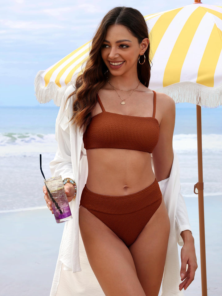 ANRABESS Tummy Control 2 Piece Swimsuits for Women High Waisted Bikini Sets Ribbed Textured Bathing Suits Beach Swimwear