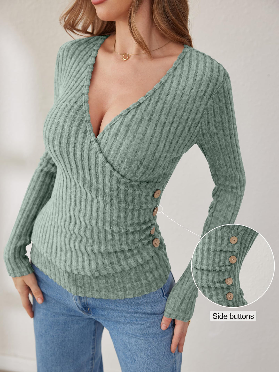 ANRABESS Long Sleeve V Neck Shirts for Women Ribbed Knit Slim Fit Wrap Top Comfy Soft Sexy Sweater Spring Fall Winter Dressy Casual Clothes
