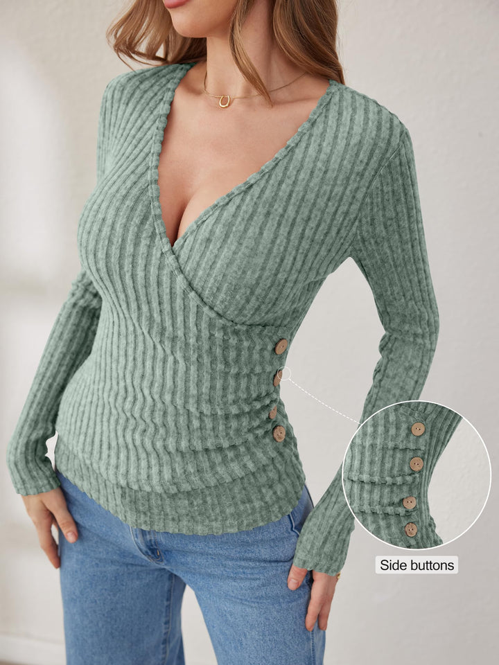 ANRABESS Long Sleeve V Neck Shirts for Women Ribbed Knit Slim Fit Wrap Top Comfy Soft Sexy Sweater Spring Fall Winter Dressy Casual Clothes