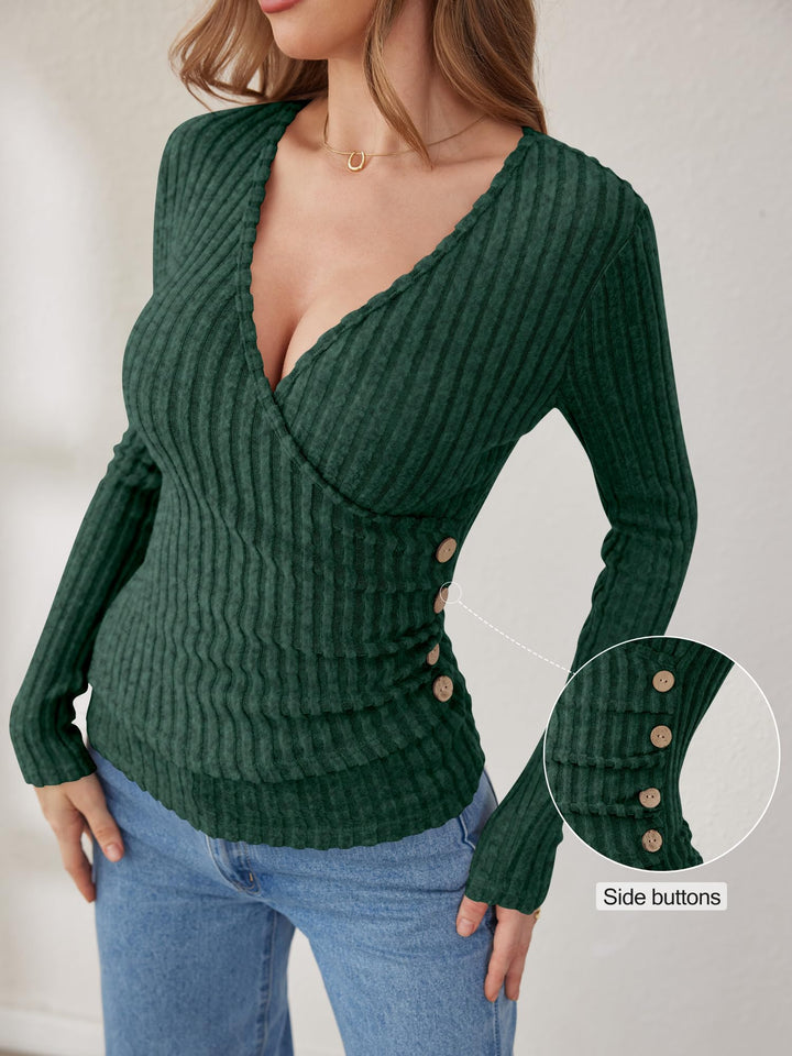 ANRABESS Long Sleeve V Neck Shirts for Women Ribbed Knit Slim Fit Wrap Top Comfy Soft Sexy Sweater Spring Fall Winter Dressy Casual Clothes