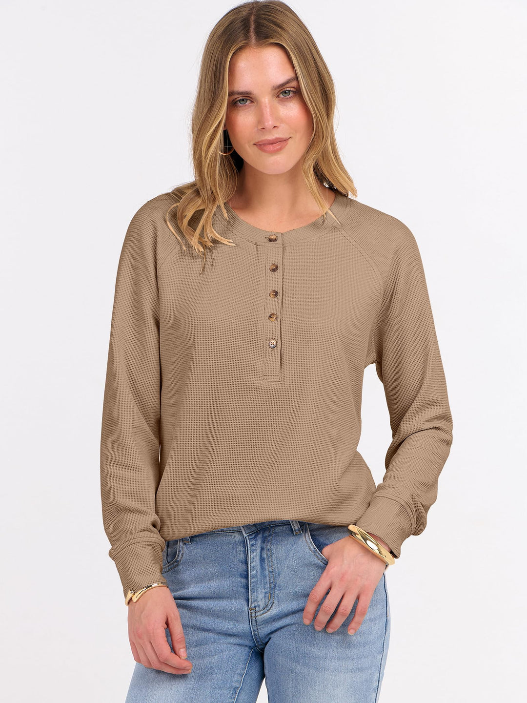 ANRABESS Long Sleeve Waffle Knit Shirts for Women Spring Fall Dressy Casual Button Up V Neck Henley Tops Loose Basic Tees Winter Clothes