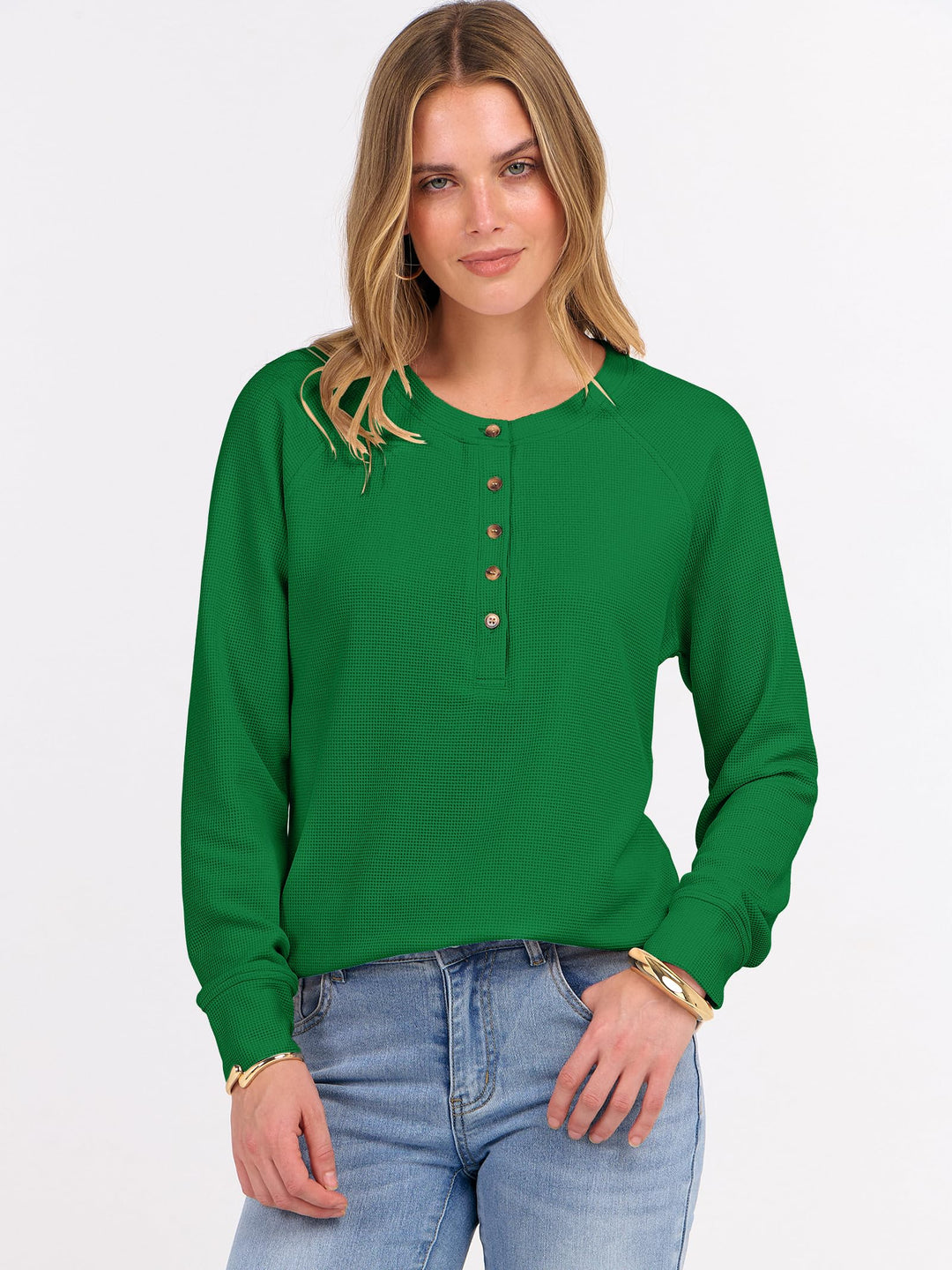 ANRABESS Long Sleeve Waffle Knit Shirts for Women Spring Fall Dressy Casual Button Up V Neck Henley Tops Loose Basic Tees Winter Clothes