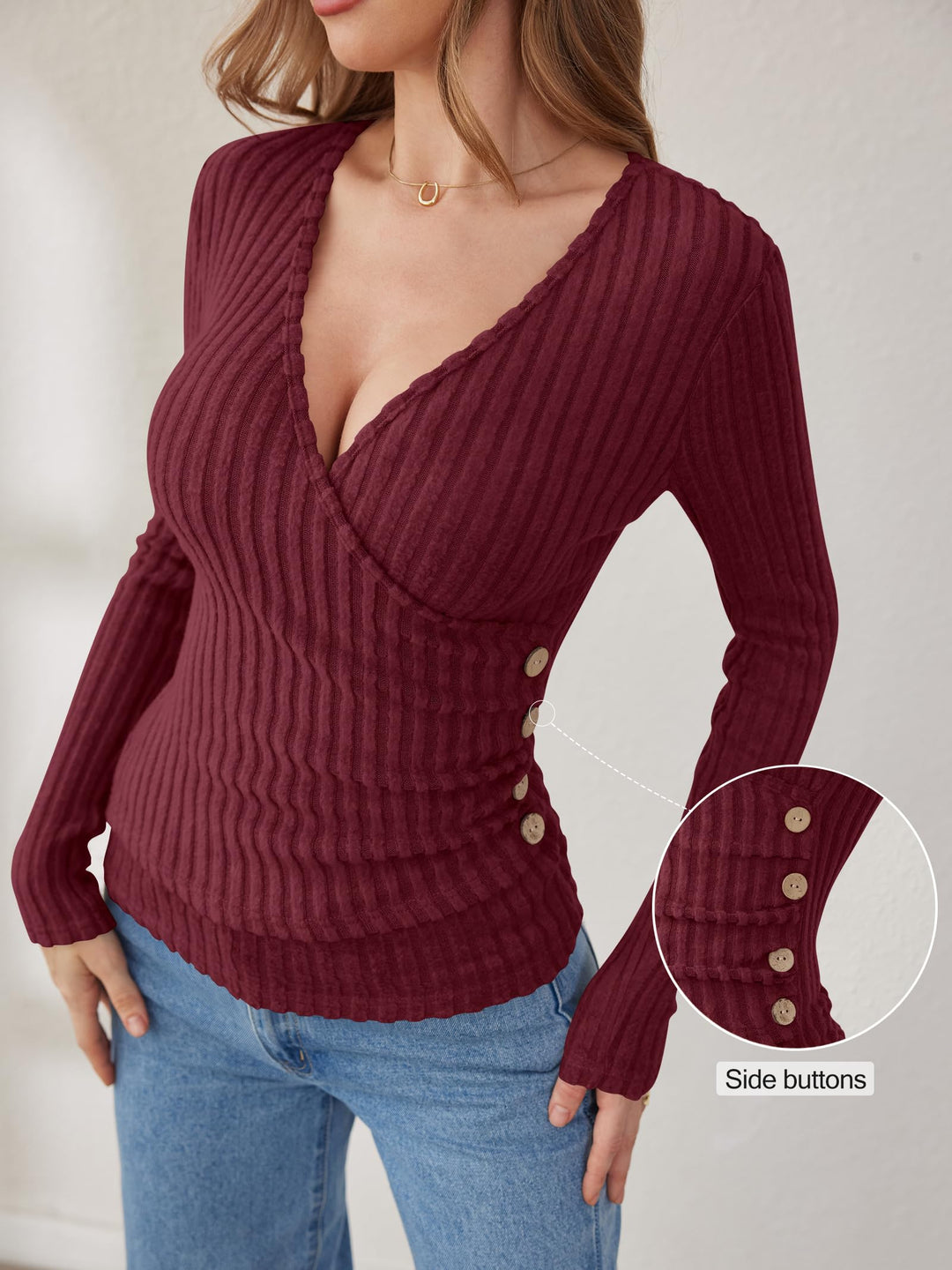 ANRABESS Long Sleeve V Neck Shirts for Women Ribbed Knit Slim Fit Wrap Top Comfy Soft Sexy Sweater Spring Fall Winter Dressy Casual Clothes