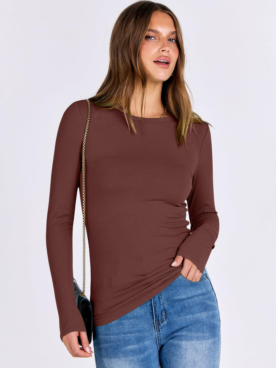 ANRABESS Long Sleeve Shirts for Women Ribbed Knit Slim Fit Basic Tops Crewneck Tees Spring Fall Casual Underscrubs Layer Clothes