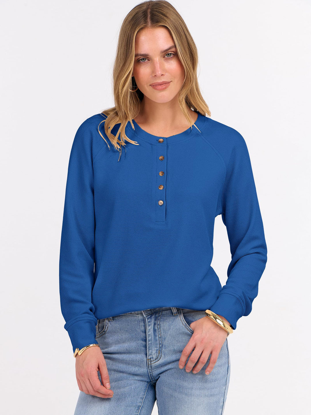 ANRABESS Long Sleeve Waffle Knit Shirts for Women Spring Fall Dressy Casual Button Up V Neck Henley Tops Loose Basic Tees Winter Clothes