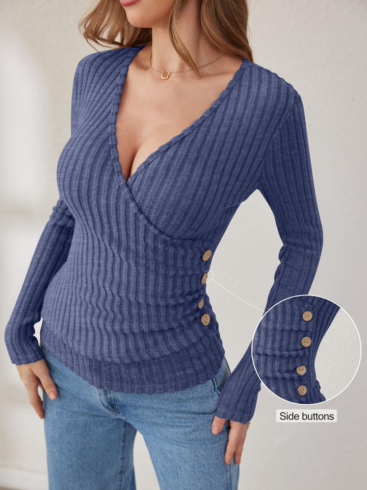 ANRABESS Long Sleeve V Neck Shirts for Women Ribbed Knit Slim Fit Wrap Top Comfy Soft Sexy Sweater Spring Fall Winter Dressy Casual Clothes