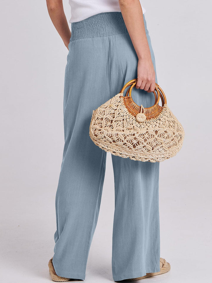 ANRABESS Linen Wide Leg Pants for Women Summer Boho High Waist Palazzo Pants Beach Lounge Casual Trousers with Pockets Vacation Clothes