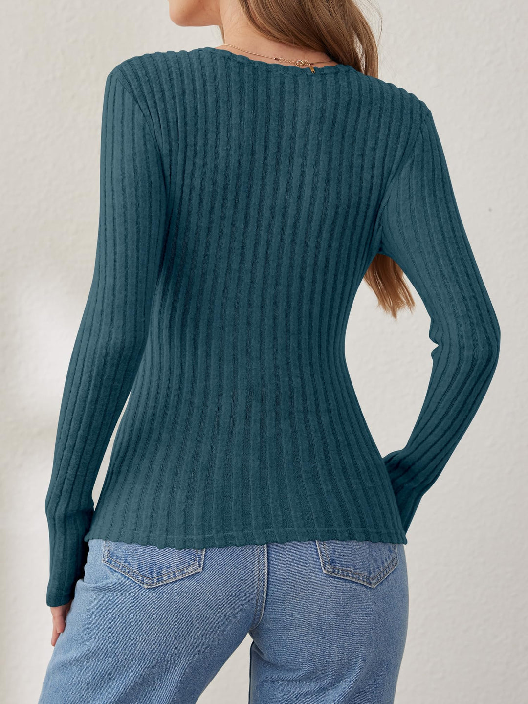 ANRABESS Long Sleeve V Neck Shirts for Women Ribbed Knit Slim Fit Wrap Top Comfy Soft Sexy Sweater Spring Fall Winter Dressy Casual Clothes