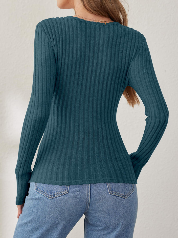 ANRABESS Long Sleeve V Neck Shirts for Women Ribbed Knit Slim Fit Wrap Top Comfy Soft Sexy Sweater Spring Fall Winter Dressy Casual Clothes