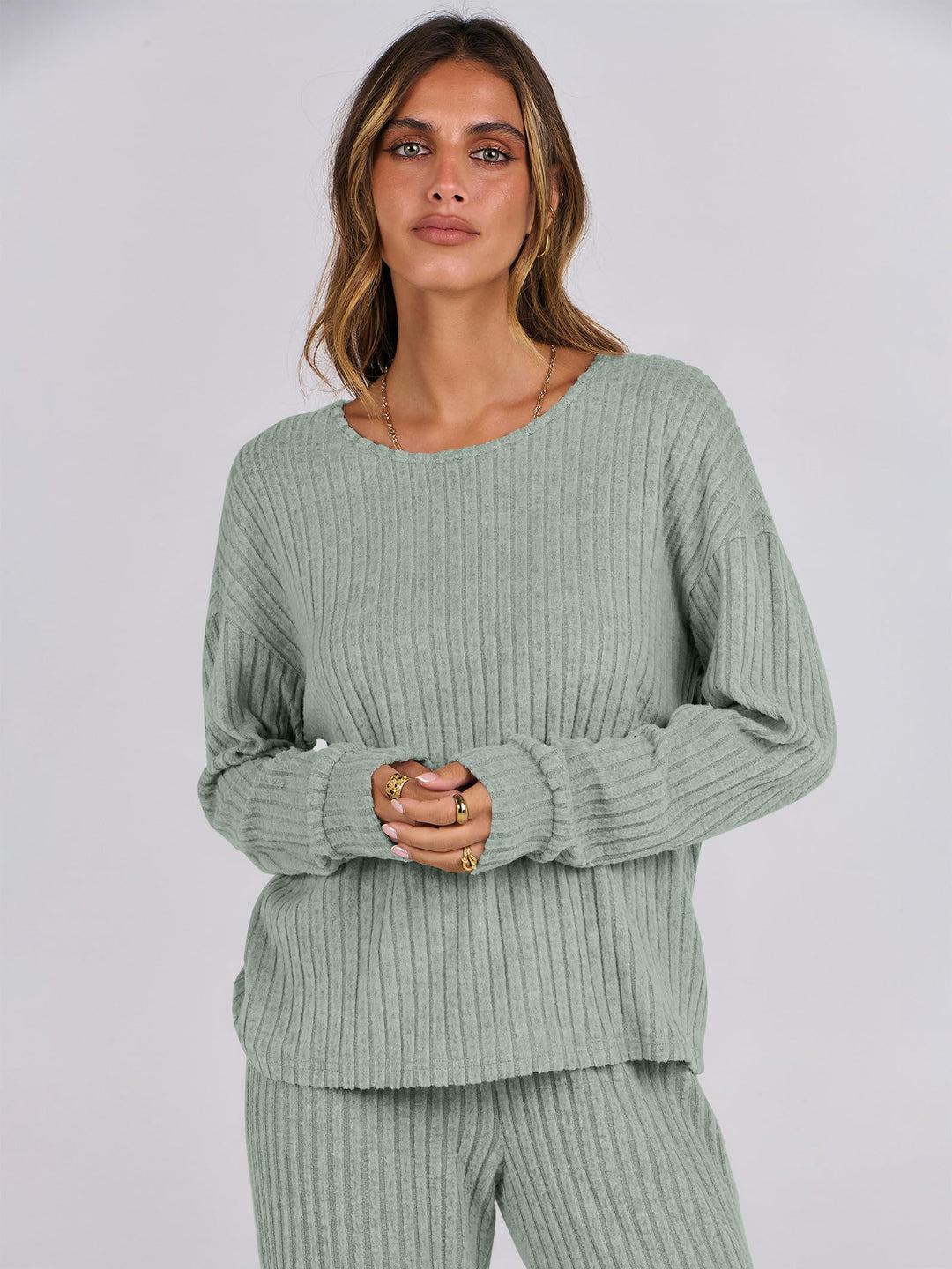 ANRABESS Women 2 Piece Lounge Pajamas Sets Casual Ribbed Knit Long Sleeve Top Pants Matching Set 2026 Fall Outfits Clothes