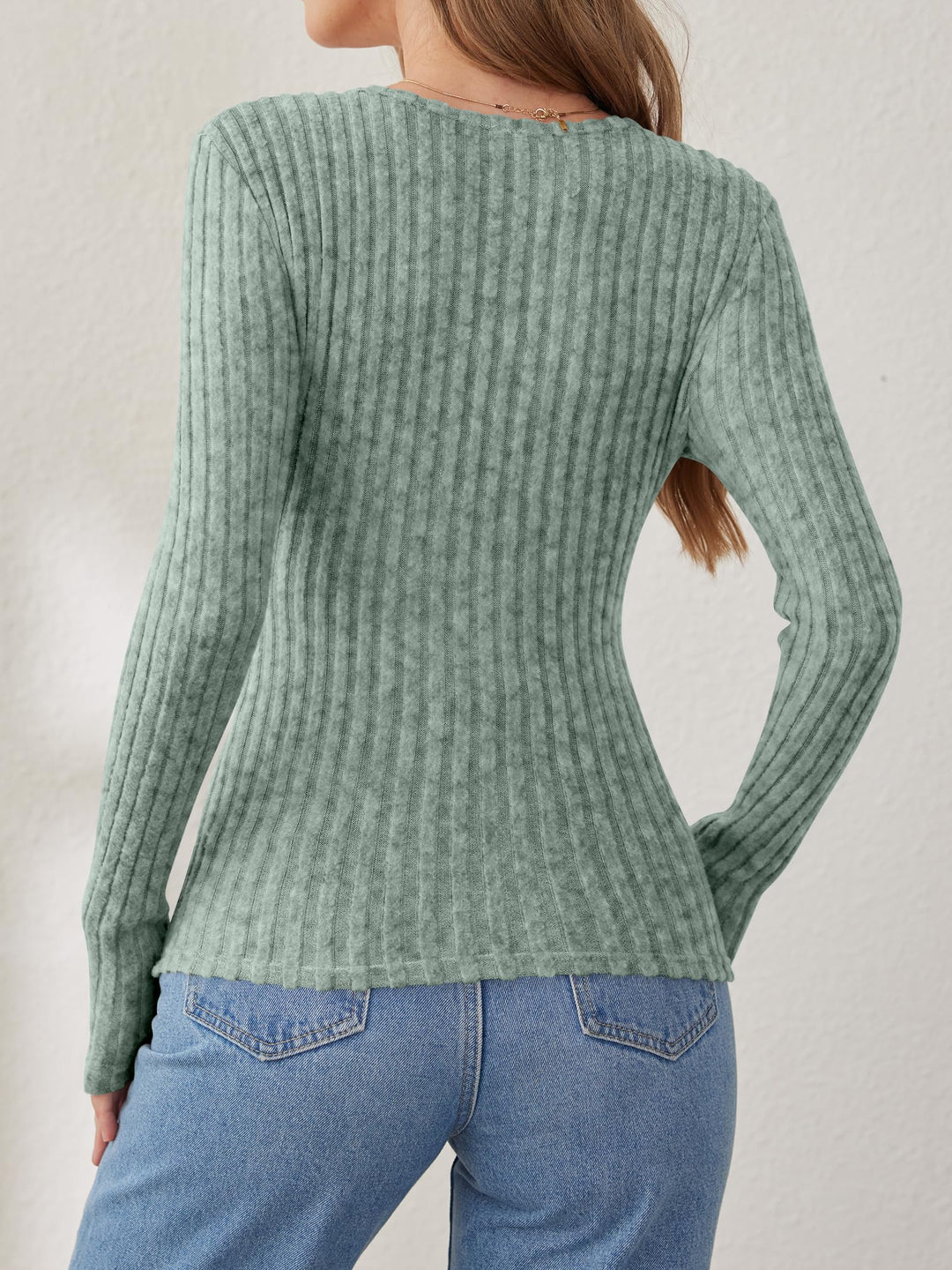 ANRABESS Long Sleeve V Neck Shirts for Women Ribbed Knit Slim Fit Wrap Top Comfy Soft Sexy Sweater Spring Fall Winter Dressy Casual Clothes