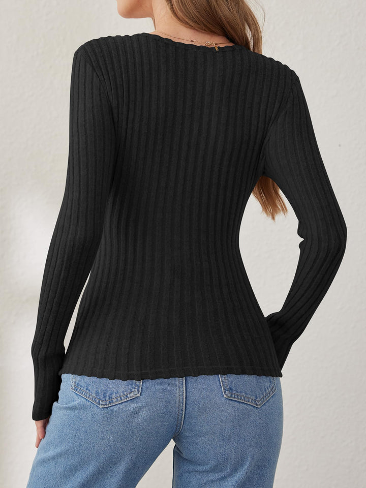 ANRABESS Long Sleeve V Neck Shirts for Women Ribbed Knit Slim Fit Wrap Top Comfy Soft Sexy Sweater Spring Fall Winter Dressy Casual Clothes