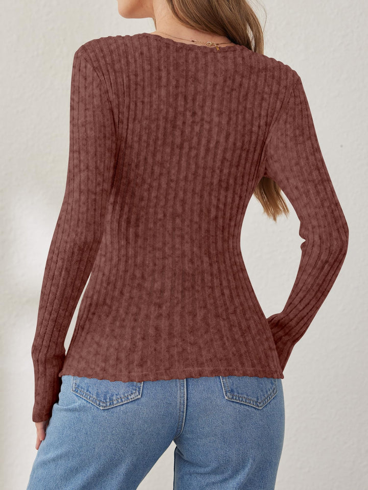 ANRABESS Long Sleeve V Neck Shirts for Women Ribbed Knit Slim Fit Wrap Top Comfy Soft Sexy Sweater Spring Fall Winter Dressy Casual Clothes