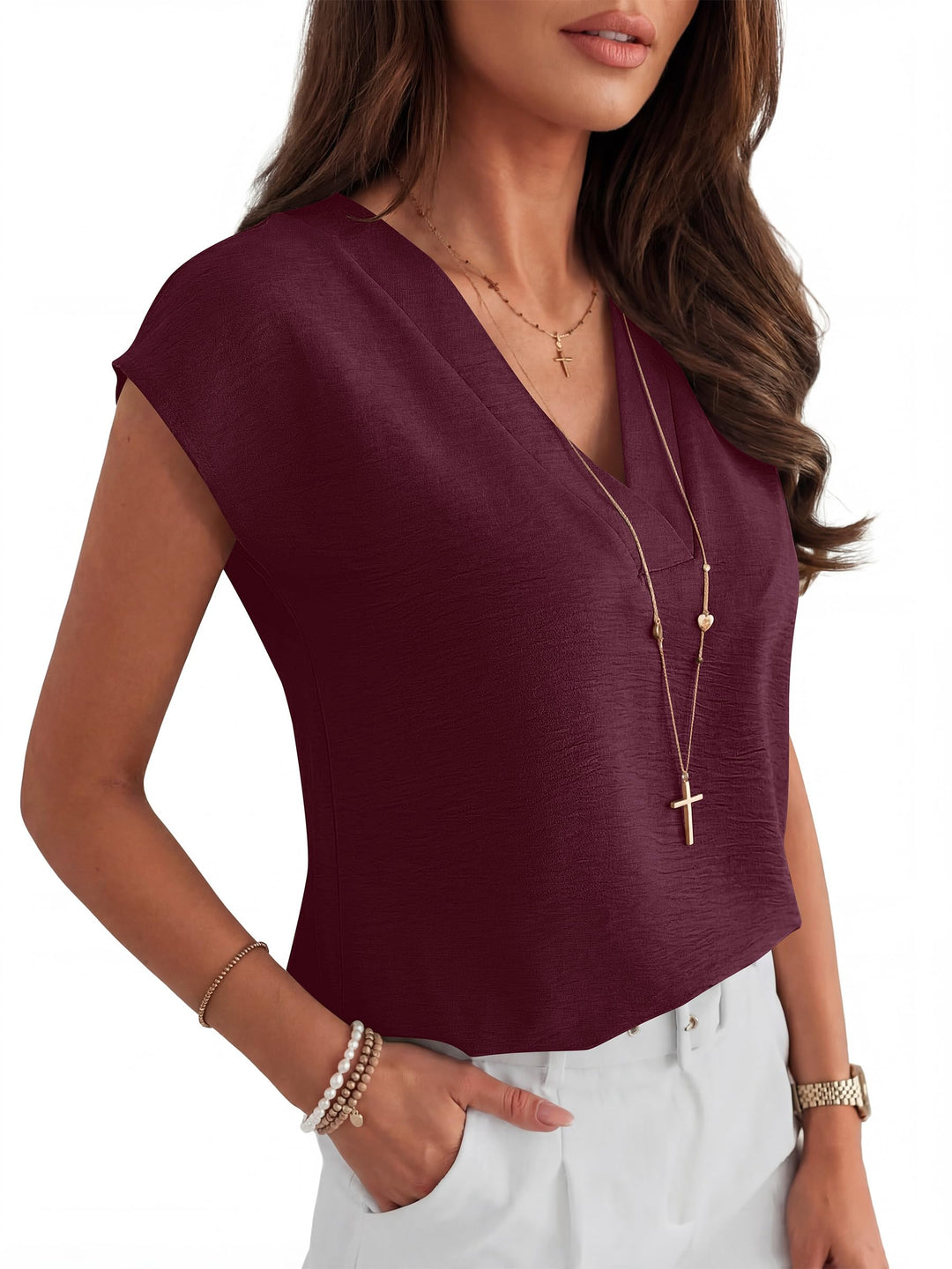 ANRABESS Women Tops V Neck T Shirts Cap Sleeve Business Casual Tops for Women Summer Loose Fit Dressy Work Office Blouses Cute Clothes Trendy Outfits