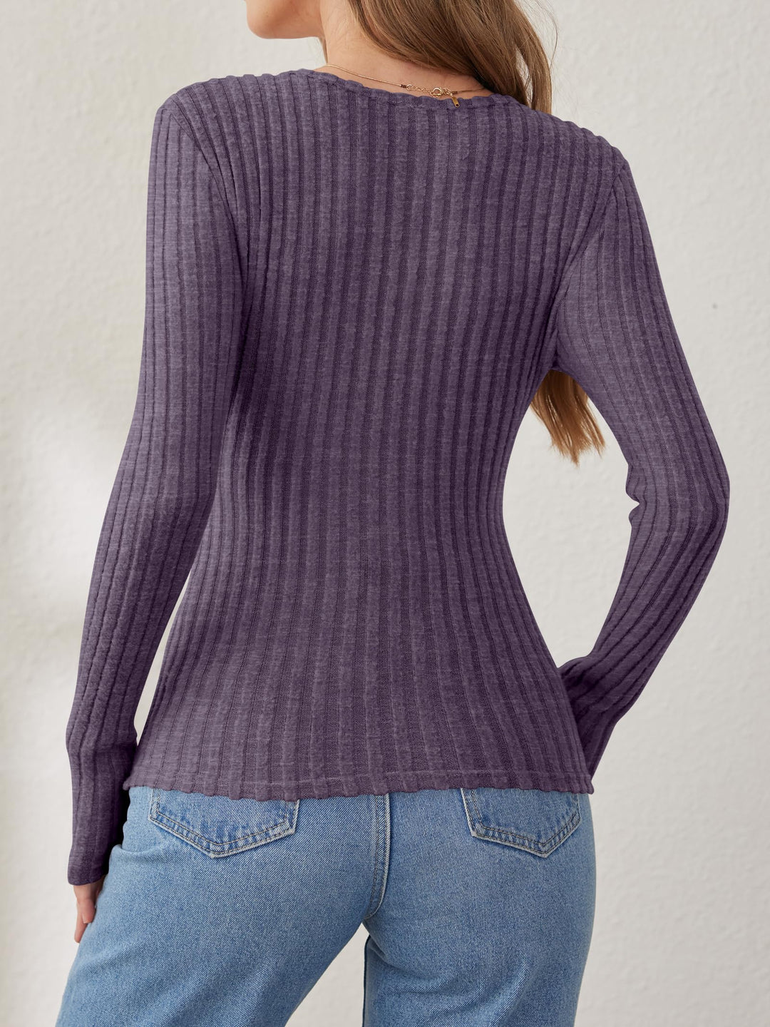 ANRABESS Long Sleeve V Neck Shirts for Women Ribbed Knit Slim Fit Wrap Top Comfy Soft Sexy Sweater Spring Fall Winter Dressy Casual Clothes