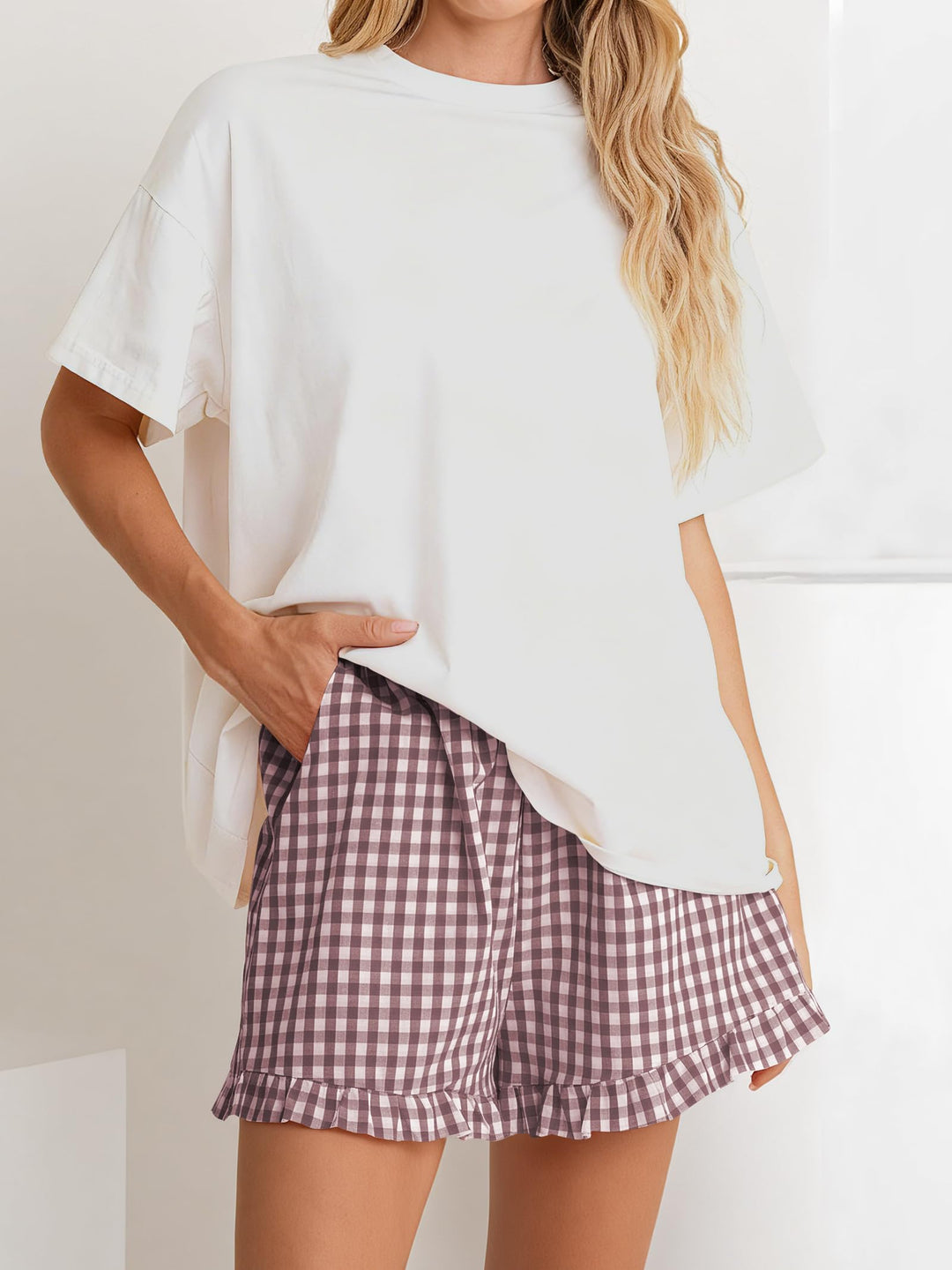 ANRABESS Womens Ruffle Boxer Shorts Pajama Gingham Shorts Summer Casual Lounge Sleep Plaid Beach Bottoms Pockets 2026 Trendy