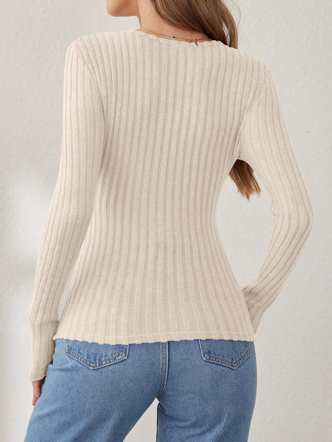 ANRABESS Long Sleeve V Neck Shirts for Women Ribbed Knit Slim Fit Wrap Top Comfy Soft Sexy Sweater Spring Fall Winter Dressy Casual Clothes