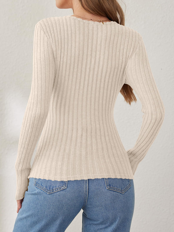 ANRABESS Long Sleeve V Neck Shirts for Women Ribbed Knit Slim Fit Wrap Top Comfy Soft Sexy Sweater Spring Fall Winter Dressy Casual Clothes