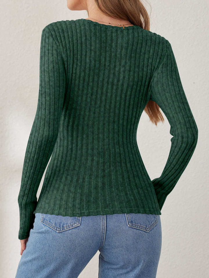 ANRABESS Long Sleeve V Neck Shirts for Women Ribbed Knit Slim Fit Wrap Top Comfy Soft Sexy Sweater Spring Fall Winter Dressy Casual Clothes