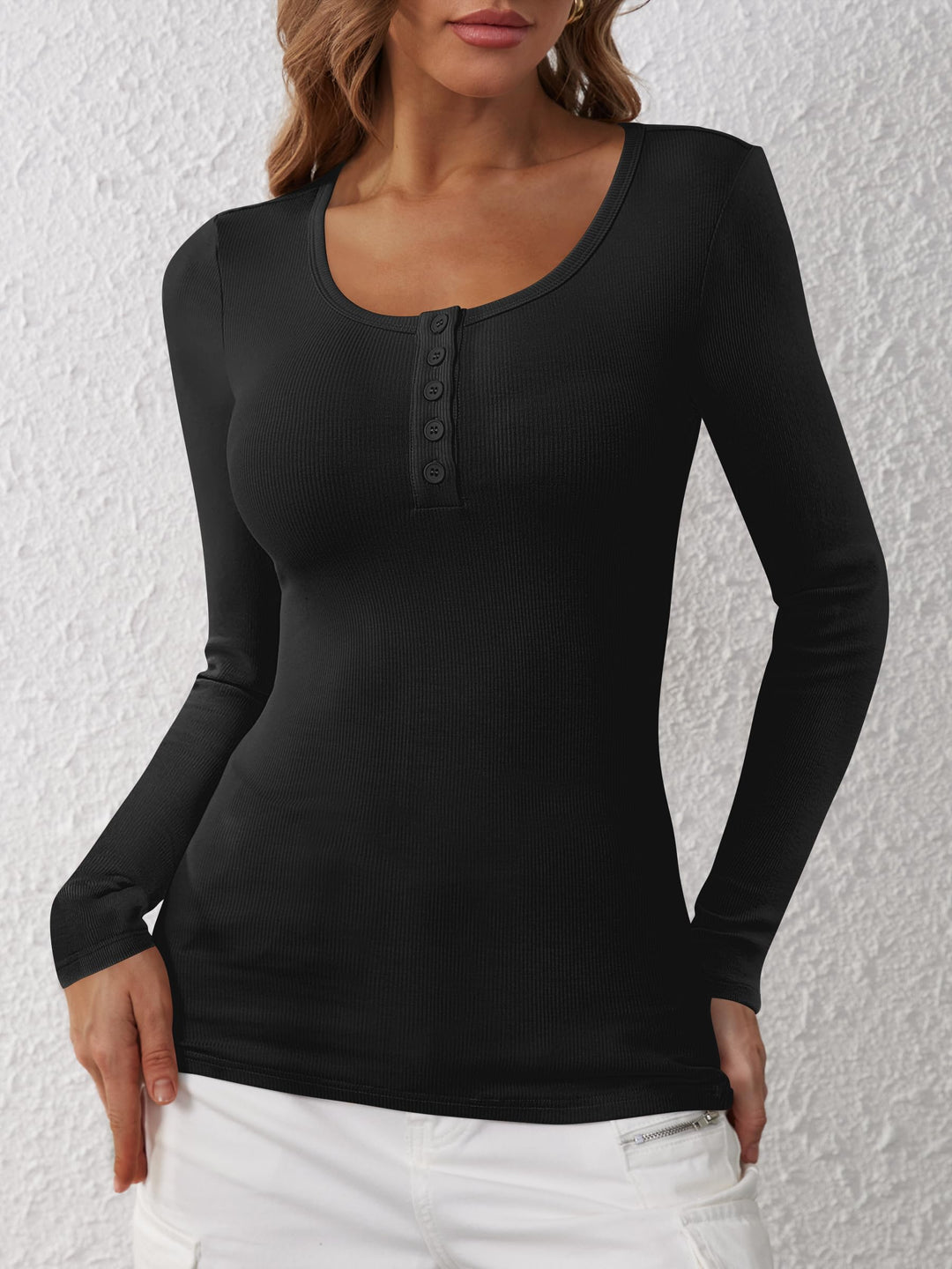 ANRABESS Women's Long Sleeve Henley Tops Ribbed Knit Slim Fitted Trendy T Shirt Basic Tees Layer 2026 Fall Fashion Outfits
