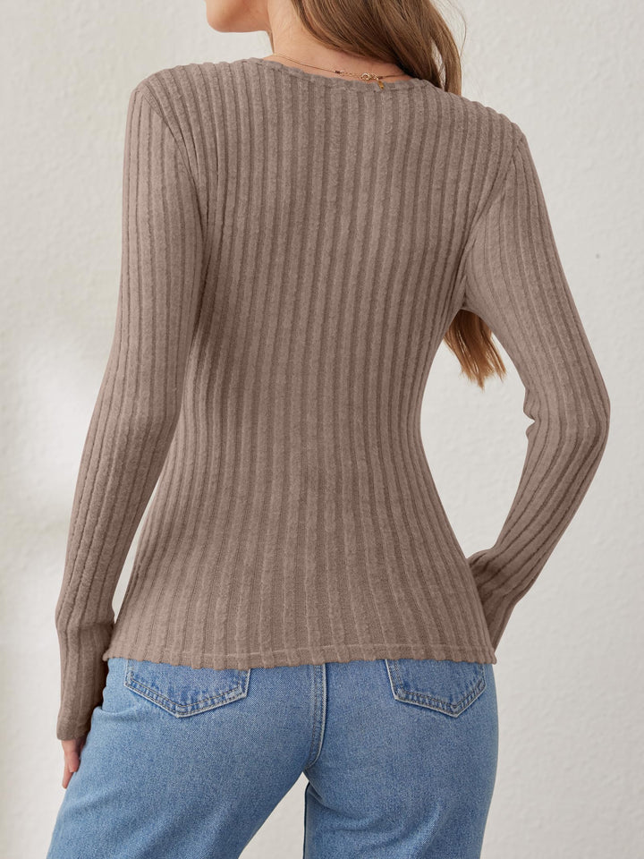 ANRABESS Long Sleeve V Neck Shirts for Women Ribbed Knit Slim Fit Wrap Top Comfy Soft Sexy Sweater Spring Fall Winter Dressy Casual Clothes