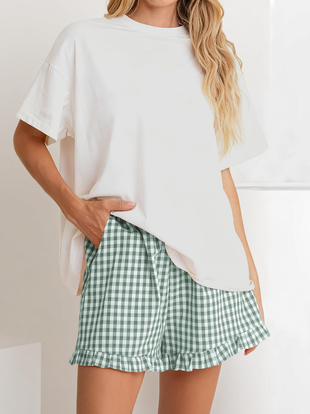 ANRABESS Womens Ruffle Boxer Shorts Pajama Gingham Shorts Summer Casual Lounge Sleep Plaid Beach Bottoms Pockets 2026 Trendy