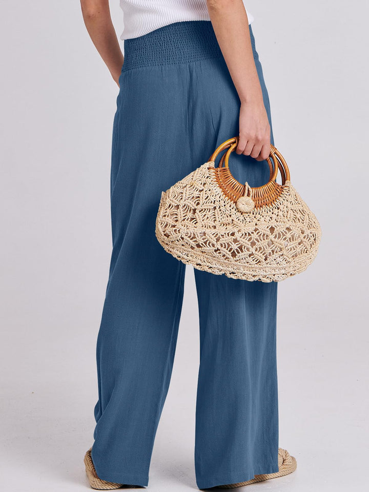 ANRABESS Linen Wide Leg Pants for Women Summer Boho High Waist Palazzo Pants Beach Lounge Casual Trousers with Pockets Vacation Clothes