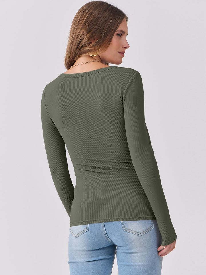 ANRABESS Long Sleeve Shirts for Women Ribbed Knit Slim Fitted Casual Tops Scoop Neck Basic Tee Spring Fall Fashion Clothes