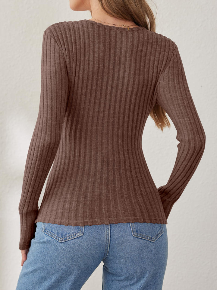ANRABESS Long Sleeve V Neck Shirts for Women Ribbed Knit Slim Fit Wrap Top Comfy Soft Sexy Sweater Spring Fall Winter Dressy Casual Clothes