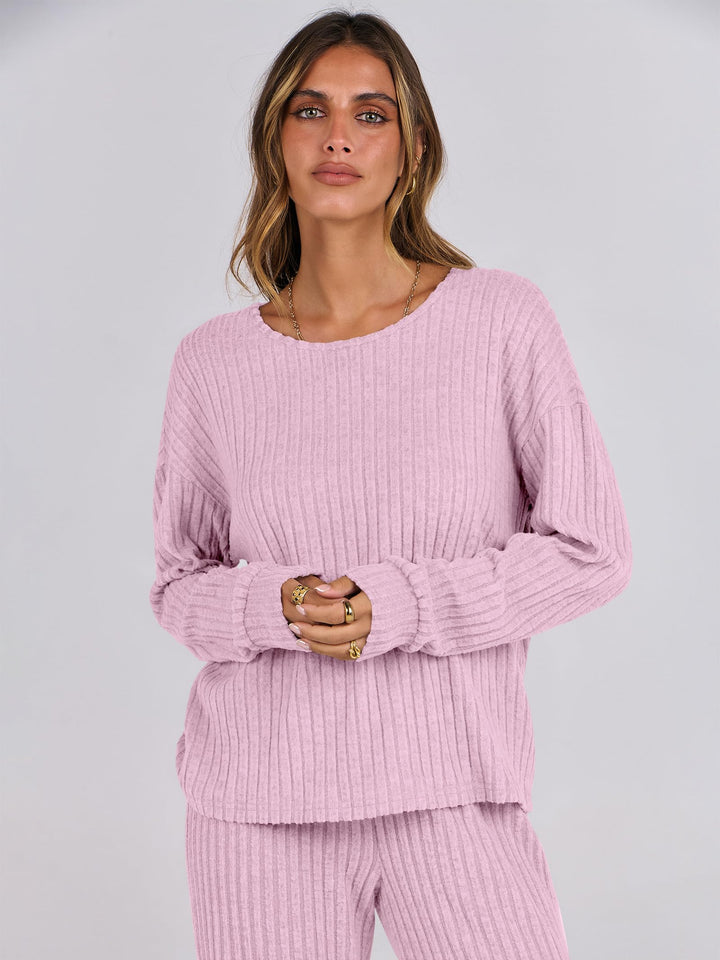 ANRABESS Women 2 Piece Lounge Pajamas Sets Casual Ribbed Knit Long Sleeve Top Pants Matching Set 2026 Fall Outfits Clothes