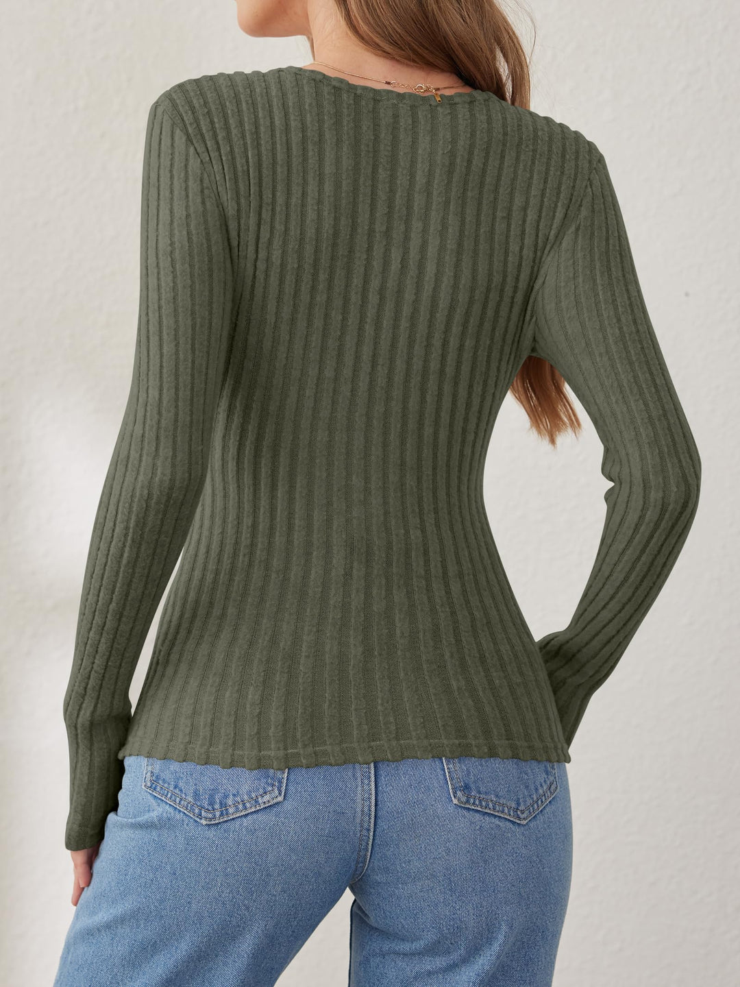 ANRABESS Long Sleeve V Neck Shirts for Women Ribbed Knit Slim Fit Wrap Top Comfy Soft Sexy Sweater Spring Fall Winter Dressy Casual Clothes
