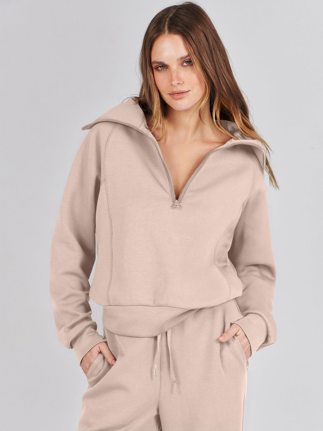 ANRABESS 2 Piece Outfits for Women Half Zip Sweatshirt & Wide Leg Pants Airport Travel Lounge Matching Fall Winter Sets Sweatsuits Clothing