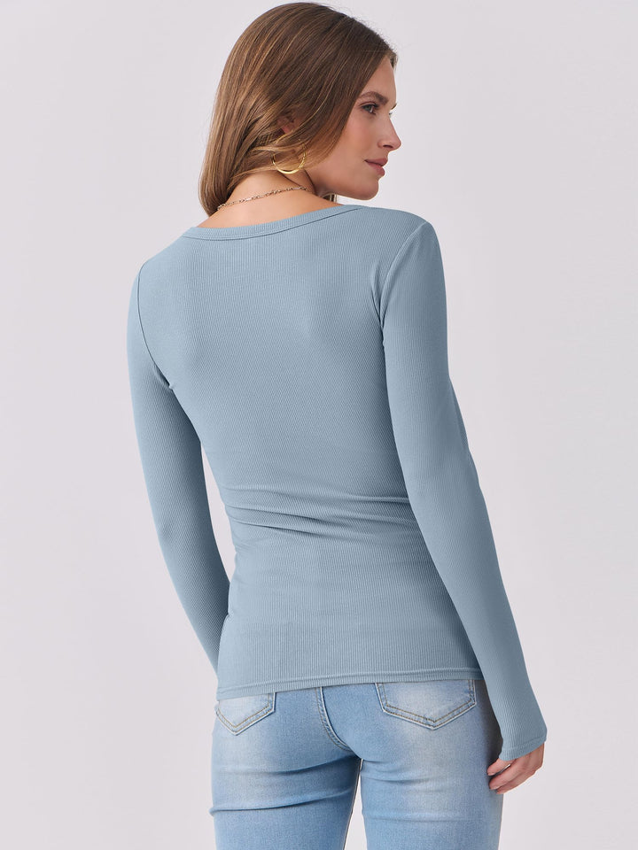 ANRABESS Long Sleeve Shirts for Women Ribbed Knit Slim Fitted Casual Tops Scoop Neck Basic Tee Spring Fall Fashion Clothes