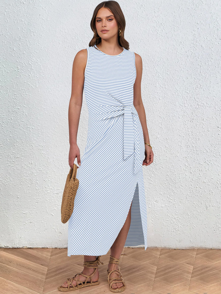 ANRABESS Maxi Dresses for Women 2026 Summer Tie Waist Split Midi Dresses Sleeveless Crewneck Slim Fit Long Tank Dress Casual Travel Beach Tshirt Dress