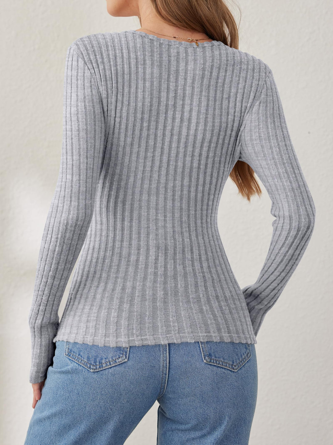 ANRABESS Long Sleeve V Neck Shirts for Women Ribbed Knit Slim Fit Wrap Top Comfy Soft Sexy Sweater Spring Fall Winter Dressy Casual Clothes