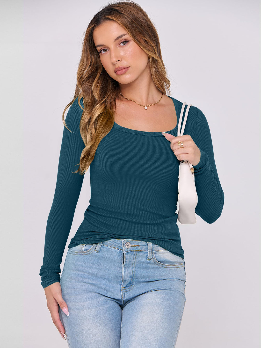 ANRABESS Long Sleeve Shirts for Women Ribbed Knit Slim Fitted Casual Tops Scoop Neck Basic Tee Spring Fall Fashion Clothes