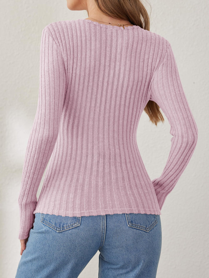 ANRABESS Long Sleeve V Neck Shirts for Women Ribbed Knit Slim Fit Wrap Top Comfy Soft Sexy Sweater Spring Fall Winter Dressy Casual Clothes