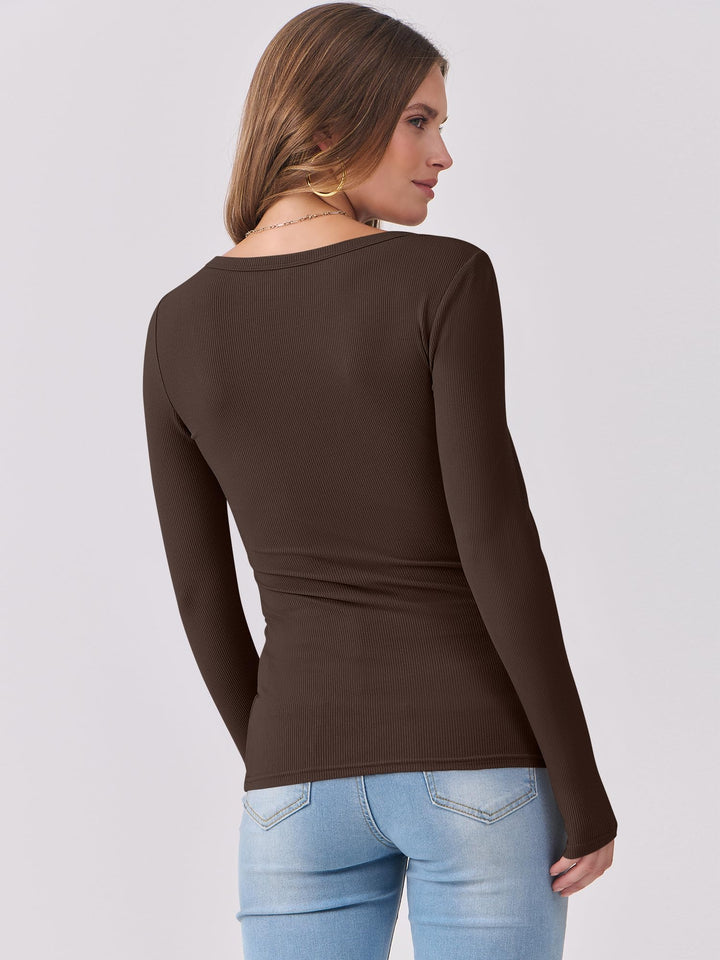 ANRABESS Long Sleeve Shirts for Women Ribbed Knit Slim Fitted Casual Tops Scoop Neck Basic Tee Spring Fall Fashion Clothes