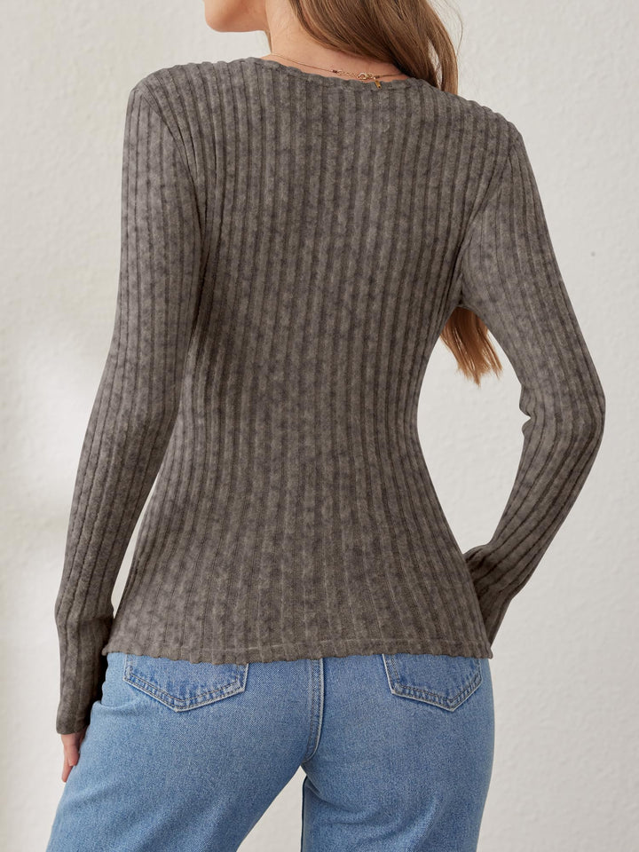 ANRABESS Long Sleeve V Neck Shirts for Women Ribbed Knit Slim Fit Wrap Top Comfy Soft Sexy Sweater Spring Fall Winter Dressy Casual Clothes