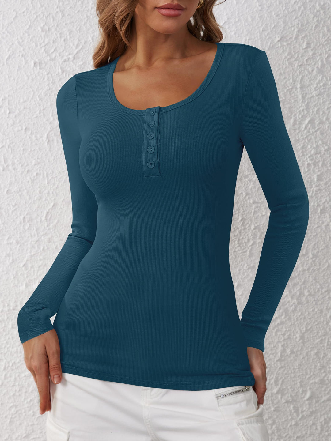 ANRABESS Women's Long Sleeve Henley Tops Ribbed Knit Slim Fitted Trendy T Shirt Basic Tees Layer 2026 Fall Fashion Outfits