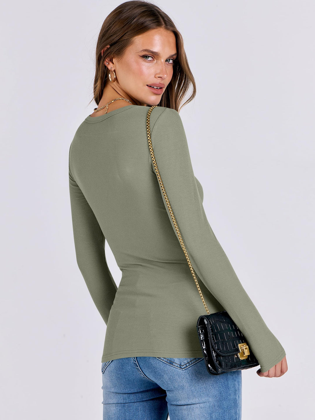 ANRABESS Long Sleeve Shirts for Women Ribbed Knit Slim Fit Basic Tops Crewneck Tees Spring Fall Casual Underscrubs Layer Clothes