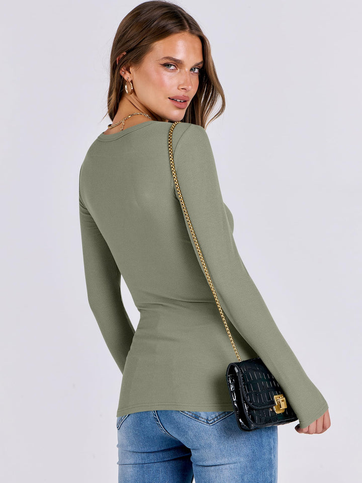 ANRABESS Long Sleeve Shirts for Women Ribbed Knit Slim Fit Basic Tops Crewneck Tees Spring Fall Casual Underscrubs Layer Clothes