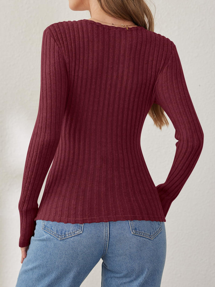 ANRABESS Long Sleeve V Neck Shirts for Women Ribbed Knit Slim Fit Wrap Top Comfy Soft Sexy Sweater Spring Fall Winter Dressy Casual Clothes