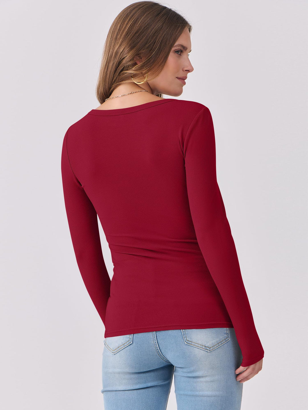 ANRABESS Long Sleeve Shirts for Women Ribbed Knit Slim Fitted Casual Tops Scoop Neck Basic Tee Spring Fall Fashion Clothes