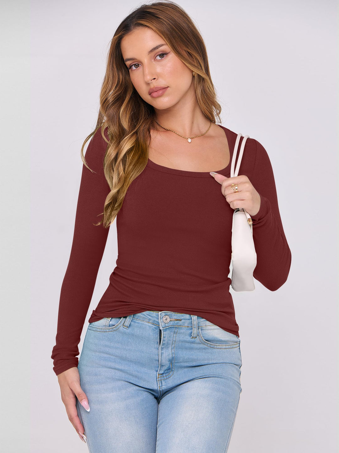 ANRABESS Long Sleeve Shirts for Women Ribbed Knit Slim Fitted Casual Tops Scoop Neck Basic Tee Spring Fall Fashion Clothes