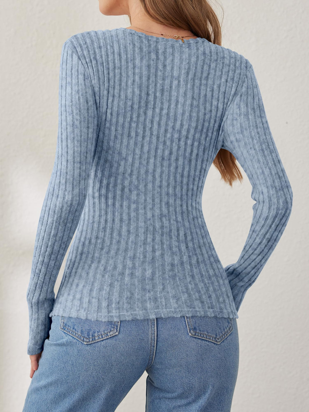 ANRABESS Long Sleeve V Neck Shirts for Women Ribbed Knit Slim Fit Wrap Top Comfy Soft Sexy Sweater Spring Fall Winter Dressy Casual Clothes
