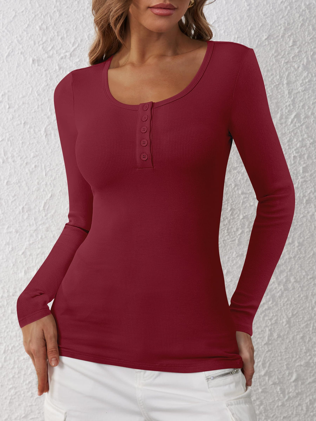 ANRABESS Women's Long Sleeve Henley Tops Ribbed Knit Slim Fitted Trendy T Shirt Basic Tees Layer 2026 Fall Fashion Outfits