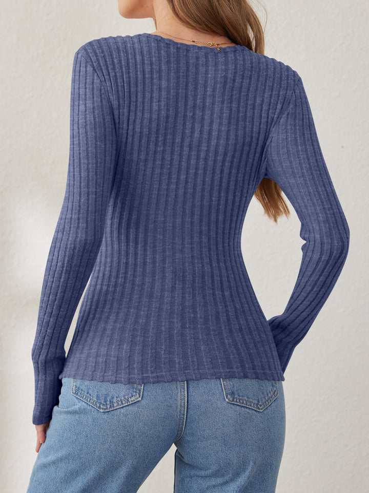 ANRABESS Long Sleeve V Neck Shirts for Women Ribbed Knit Slim Fit Wrap Top Comfy Soft Sexy Sweater Spring Fall Winter Dressy Casual Clothes