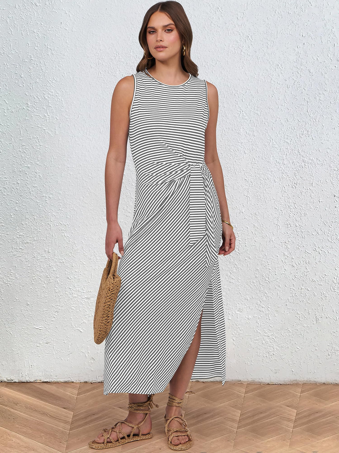 ANRABESS Maxi Dresses for Women 2026 Summer Tie Waist Split Midi Dresses Sleeveless Crewneck Slim Fit Long Tank Dress Casual Travel Beach Tshirt Dress